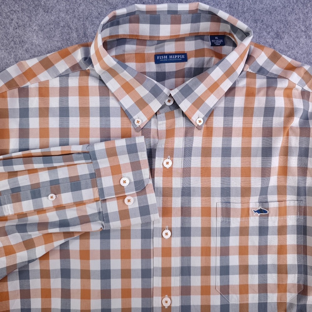 Fish Hippie Solace Collection Shirt Mens XL Orange Gray Buffalo Check Button